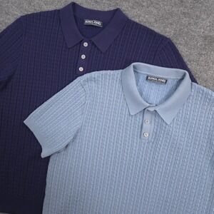 Lot of 2 PJ Paul Jones Sweater Polo Shirts Mens L Blue Cable Knit Short Sleeves